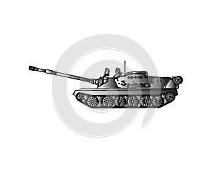 Military tank isolated on white. Armoured fighting vehicle designed for front-line combat, with heavy firepower, strong armour photo