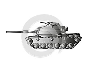 Military tank isolated on white. Armoured fighting vehicle designed for front-line combat, with heavy firepower, strong armour