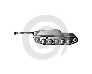 Military tank isolated on white. Armoured fighting vehicle designed for front-line combat, with heavy firepower, strong armour photo