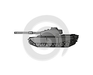 Military tank isolated on white. Armoured fighting vehicle designed for front-line combat, with heavy firepower, strong armour