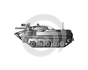 Military tank isolated on white. Armoured fighting vehicle designed for front-line combat, with heavy firepower, strong armour photo