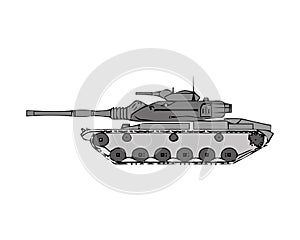 Military tank isolated on white. Armoured fighting vehicle designed for front-line combat, with heavy firepower, strong armour