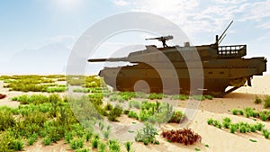 A military tank in the middle of the desert shoots at a target. Special operation of the military. 3D Rendering