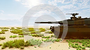 A military tank in the middle of the desert shoots at a target. Special operation of the military. 3D Rendering