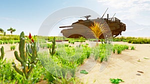 A military tank in the middle of the desert shoots at a target. Special operation of the military. 3D Rendering