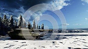 A military tank in the middle of a winter field shoots at an enemy target. Special operation of the military. 3D
