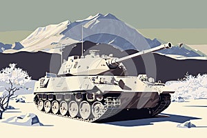 Military Tank in the mountains on snow realistic vector illustration