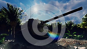 A military tank stands on the ruins in a deserted tropical jungle, and an Armada of military aircraft flies overhead. 3D