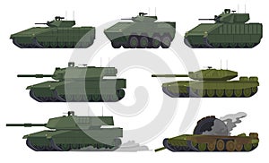 Military tanks armored vehicles. Vehicles protected by armor and weapons. Technivka for waging war. Vector illustration photo