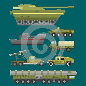 Military technic army war transport fighting industry technic armor defense vector collection