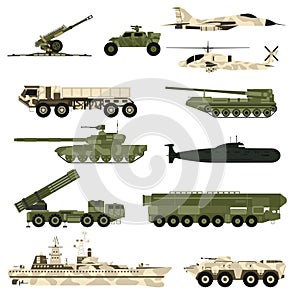 Military technic icon set and armor tanks flat vector illustration.