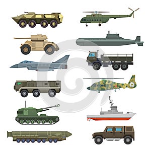 Military technic transport equipment armor flat vector illustration isolated on white background