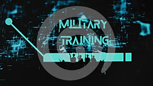 Military Training inscription on black background with neon holograms. Graphic presentation with silhouettes of soldiers