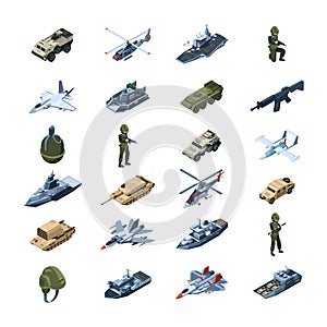 Military transport. Army gadget armor uniform weapons guns tanks grenades security tools vector isometric