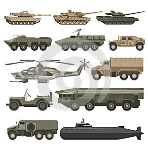 Military transport and army wartime machines vector isolated icons set