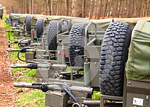 Military transport Trailers in a row