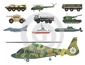 Military transport vector vehicle technic army war tanks and industry armor defense transportation weapon illustration.