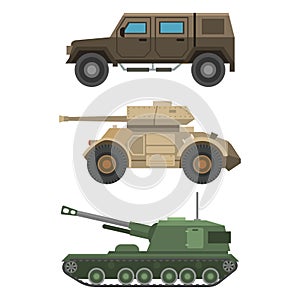 Military transport vector vehicle technic army war tanks and industry armor defense transportation weapon illustration.