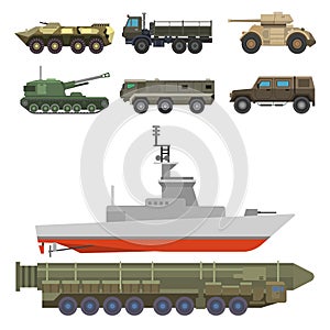 Military transport vector vehicle technic army war tanks and industry armor defense transportation weapon illustration.