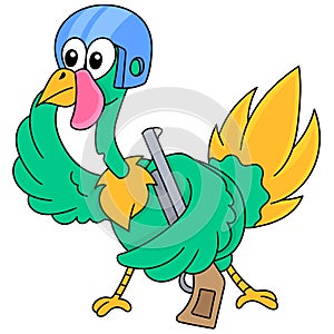 Military troop turkey carrying rifle ready for battle, doodle icon image