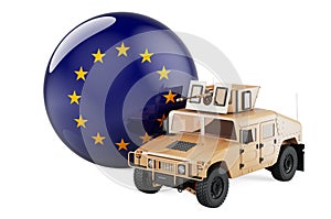 Military truck with The EU flag. Combat defense of the European Union, concept. 3D rendering