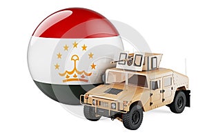 Military truck with Tajik flag. Combat defense of Tajikistan, concept. 3D rendering