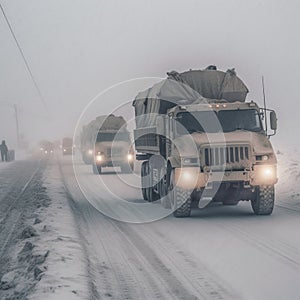 Military truck traveling in fog