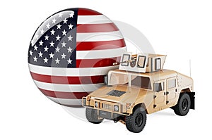 Military truck with the United States flag. Combat defense of the USA, concept. 3D rendering