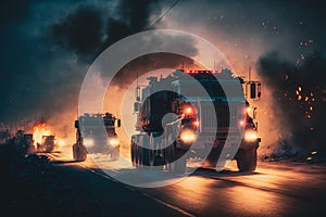 Military trucks attacked by explosions: a captivating image, Generative AI