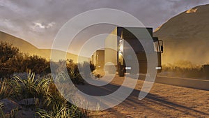 Military trucks on a desert road 2