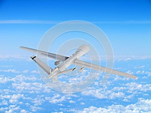 military UAV airplane drone flies against backdrop of beautiful clouds on blue sky background