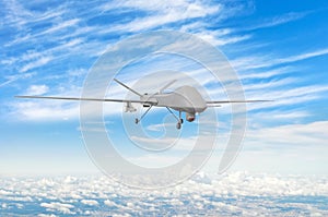 Military uav drone flight flies above the clouds