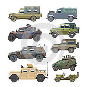 Military vehicle army car and armored truck or armed machine illustration set of war transportation isolated on white