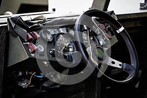 Military vehicle. Army Jeep Interior detail.  Interior Design, Steering Wheel and Dashboard