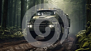 a military vehicle in full camouflage coloration, blending seamlessly into its natural surroundings, exemplifying the