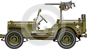 Military vehicle with mounted machine gun