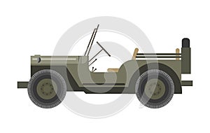 Military vehicle without roof and with spear tire behind