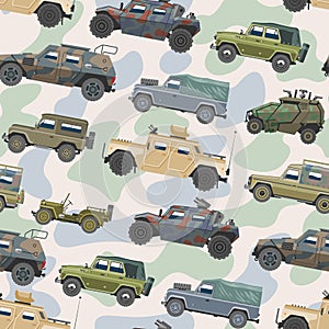 Military vehicle vector army car and armored truck or armed machine illustration set of war transportation seamless