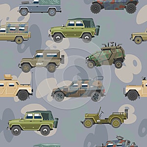 Military vehicle vector army car and armored truck or armed machine illustration set of war transportation seamless