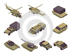Military vehicles isometric vector illustrations set. Modern army transport, armored aircrafts, personal carriers and