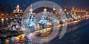 Military vessels heading for the battle zone are ready to support the army on land and carry ou