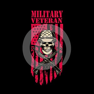 Military veteran. Skull in army helmet with crossed assault rifles on american flag background. Design element for logo