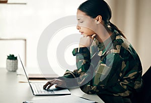 Military, war and woman with a laptop, thinking and connection with network, website information and surveillance