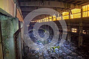 Military warehouse with rusted tank diesel engines, Kharkov, Ukraine