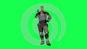 Military warrior man talking on phone from opposite angle on green screen 3D people walking background chroma key Visual effect an