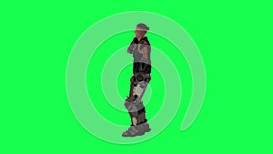 Military warrior man talking on phone from right angle on green screen 3D people walking background chroma key Visual effect anima