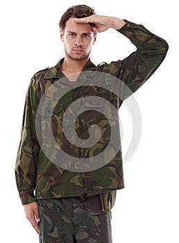 Military, warrior and salute with portrait of man in studio for war, conflict and patriotism. Army, surveillance and