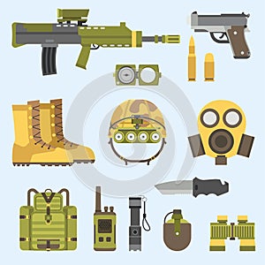 Military weapon guns armor forces american fighter ammunition camouflage sign vector illustration.