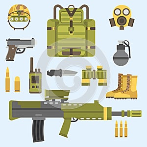 Military weapon guns armor forces american fighter ammunition camouflage sign vector illustration.