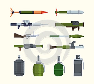Military weapons. Items for army heavy artillery flying bombs launchers of granade steel bazookas explosive detonators